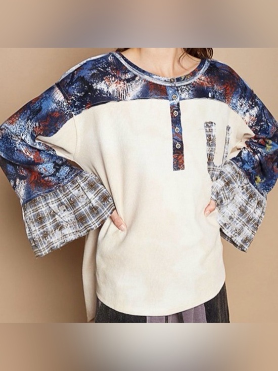 POL Sweaters - NWOT POL Cream Star Patch Long Bell Sleeve Shirt, Size Large